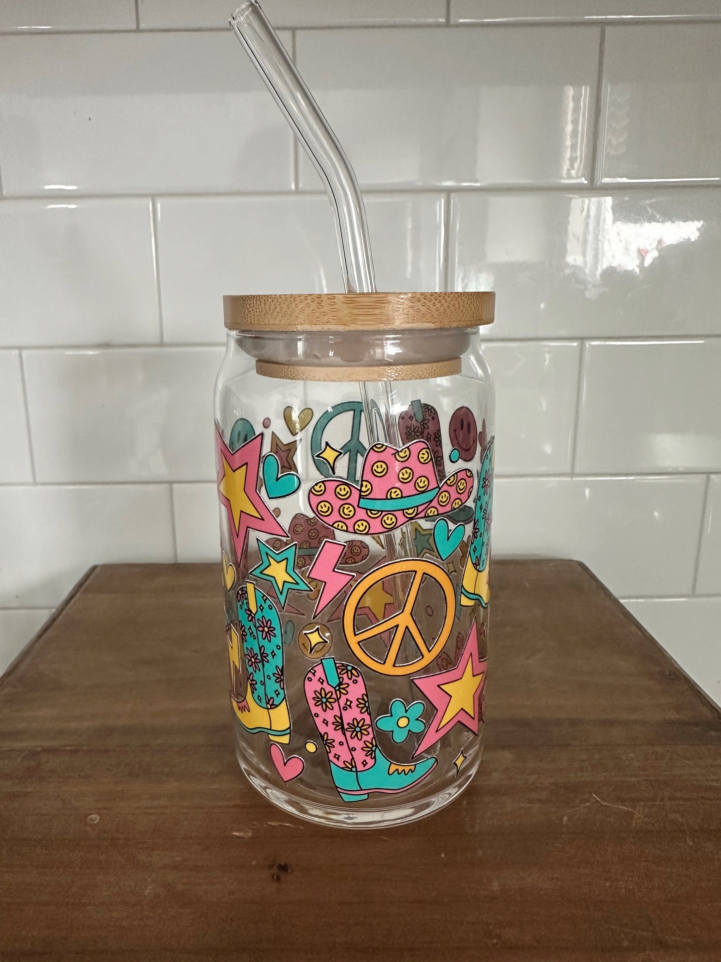 Groovy Cowgirl Glass Cup w/ lid & straw