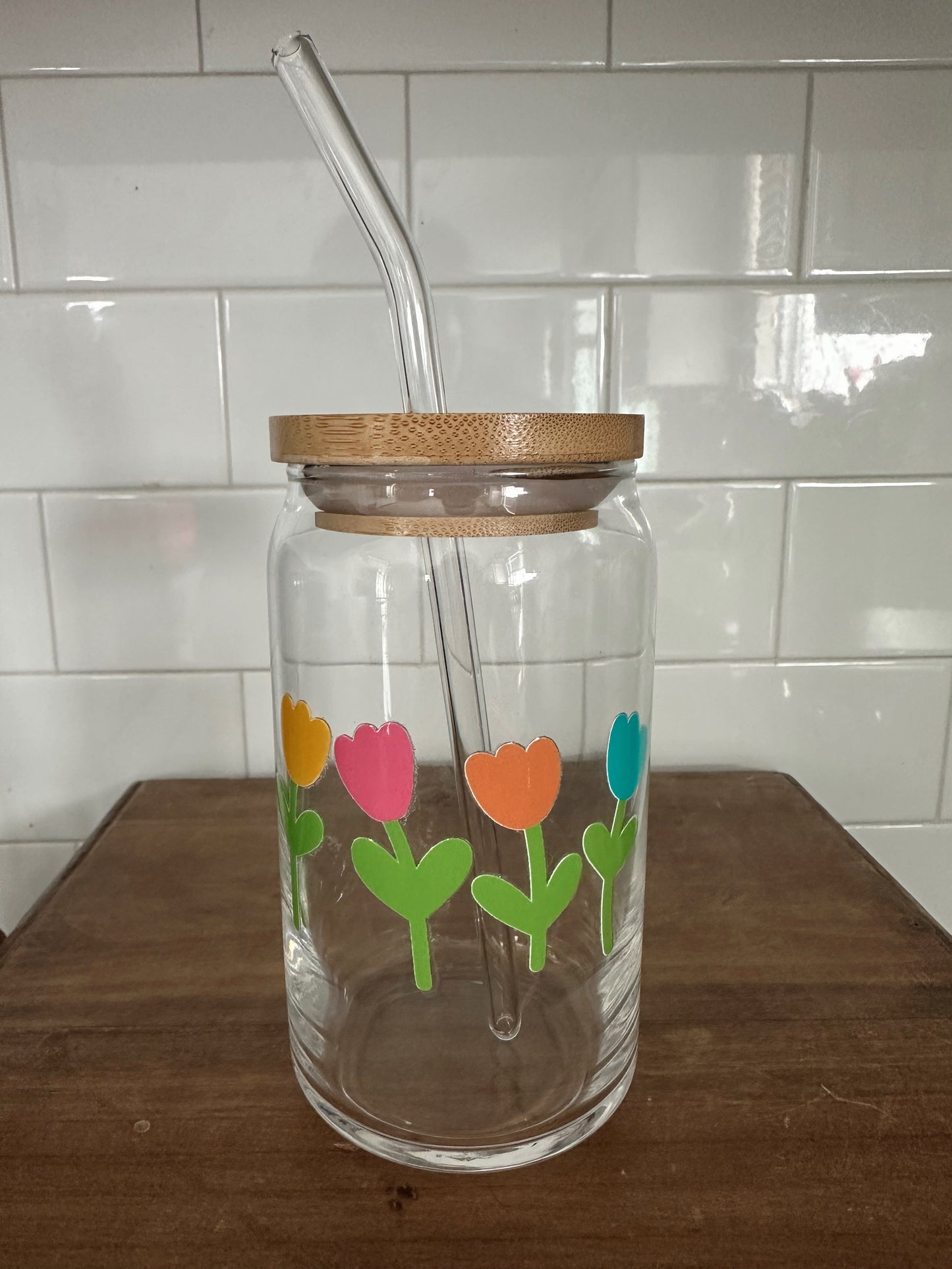 Tulip Glass Cup w/ lid & straw