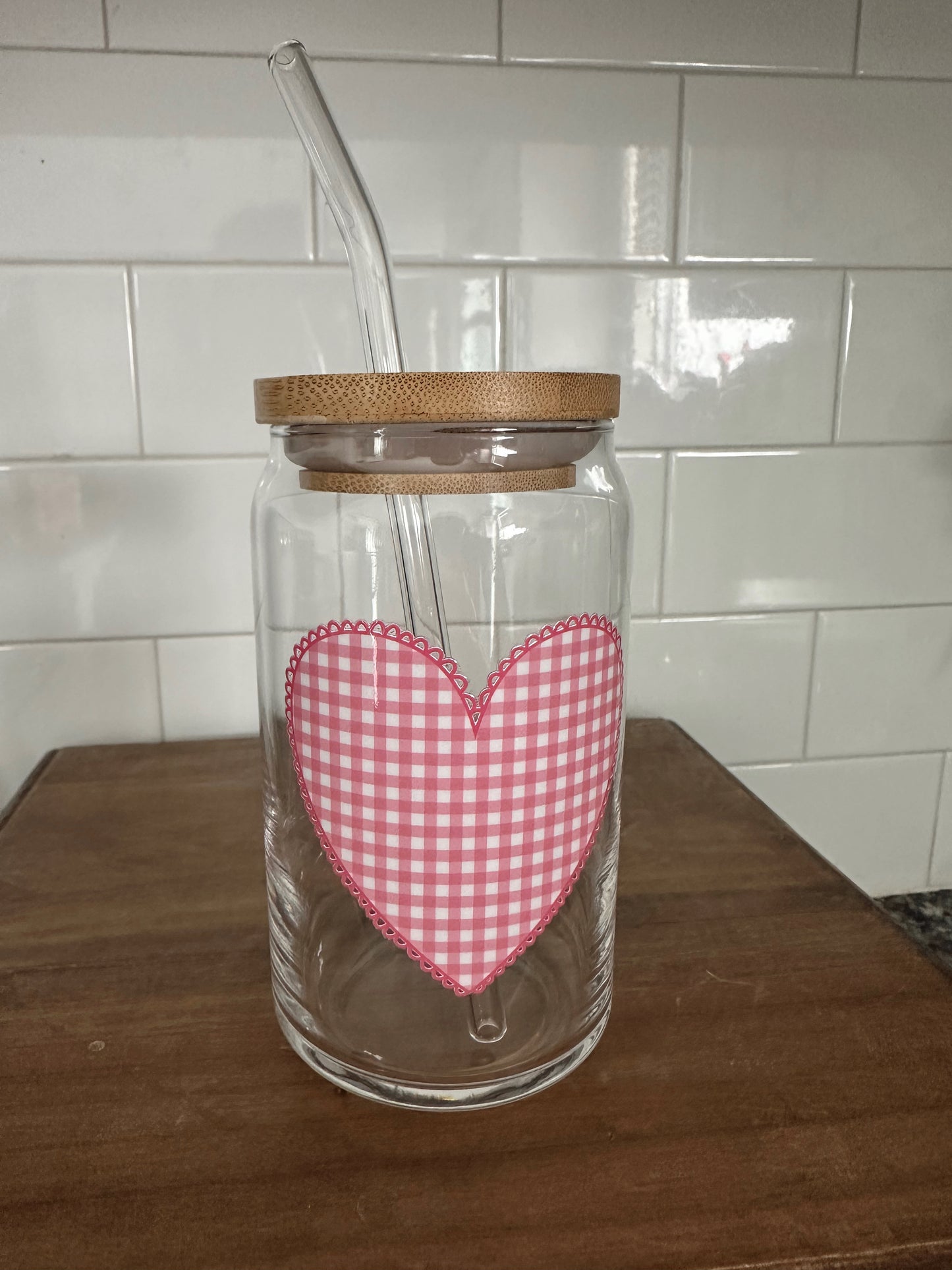 Gingham Heart Glass Cup w/ lid & straw