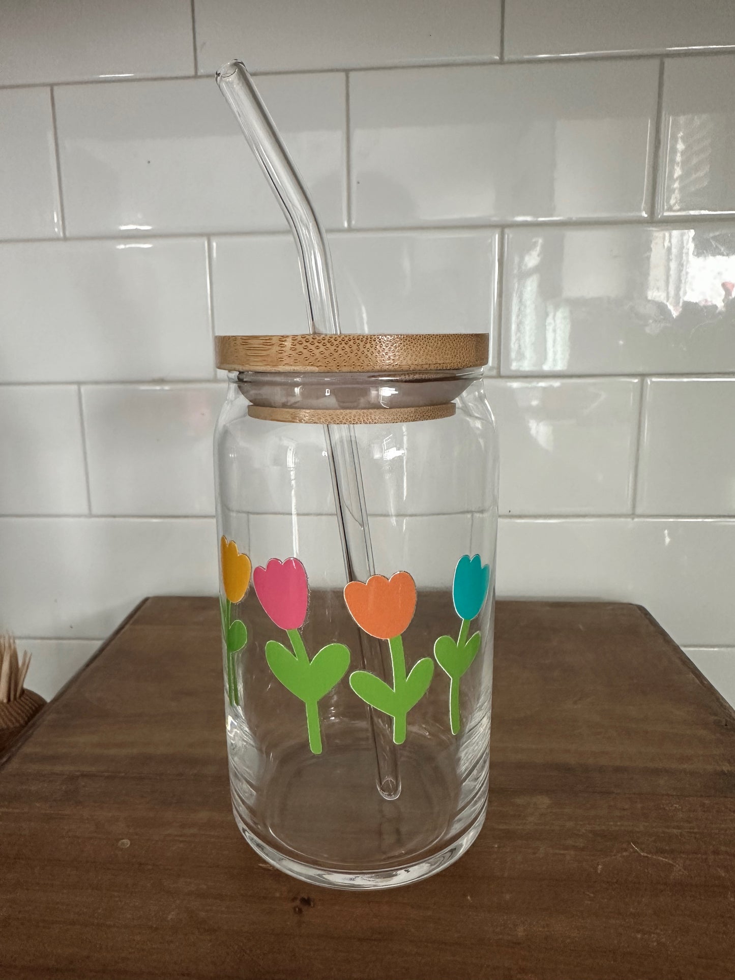 Tulip Glass Cup w/ lid & straw