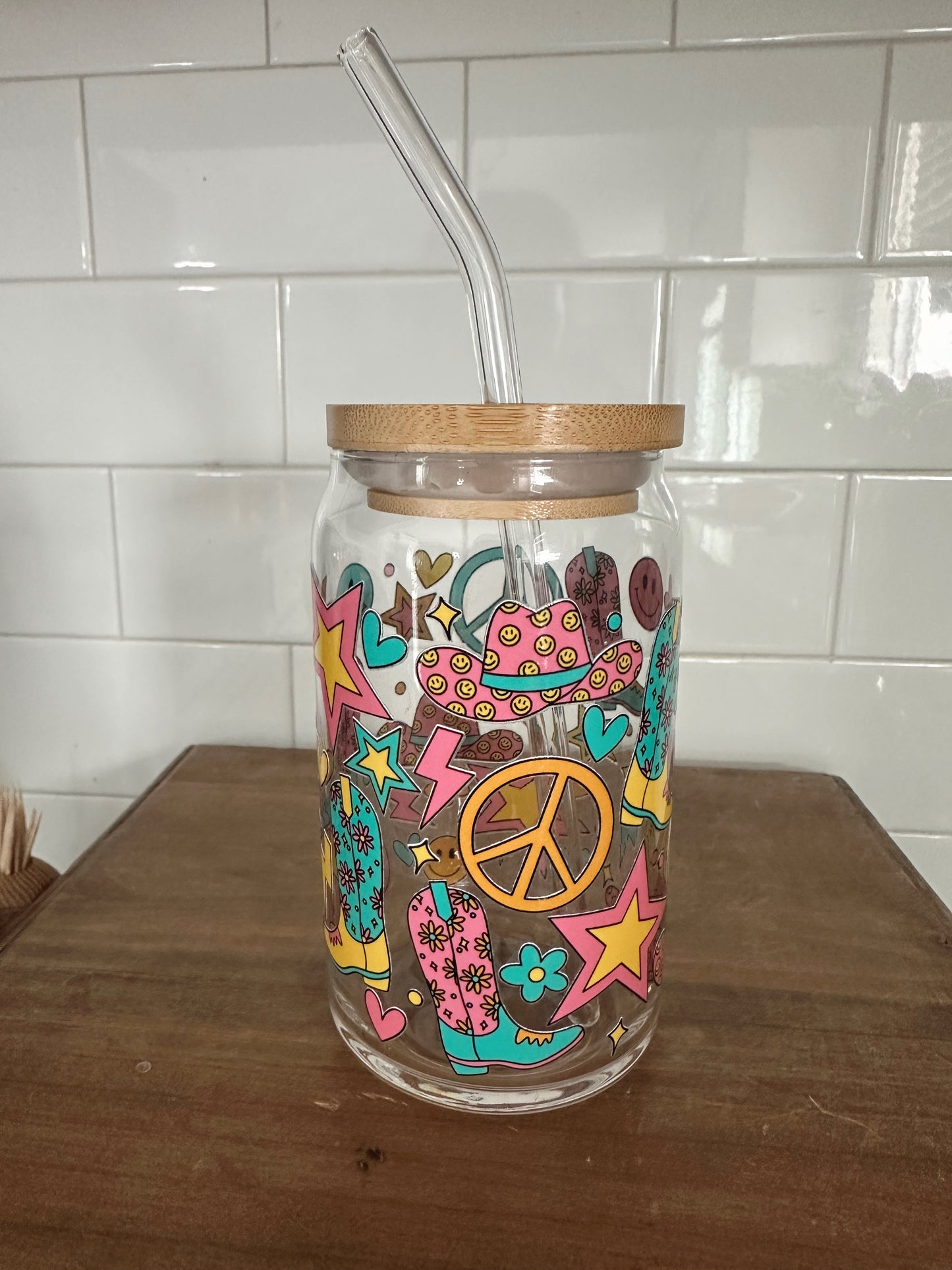 Groovy Cowgirl Glass Cup w/ lid & straw