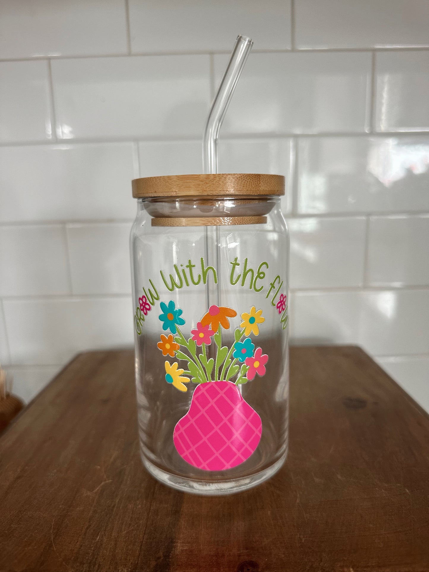 Grow With The Flow Glass Cup w/ lid & straw