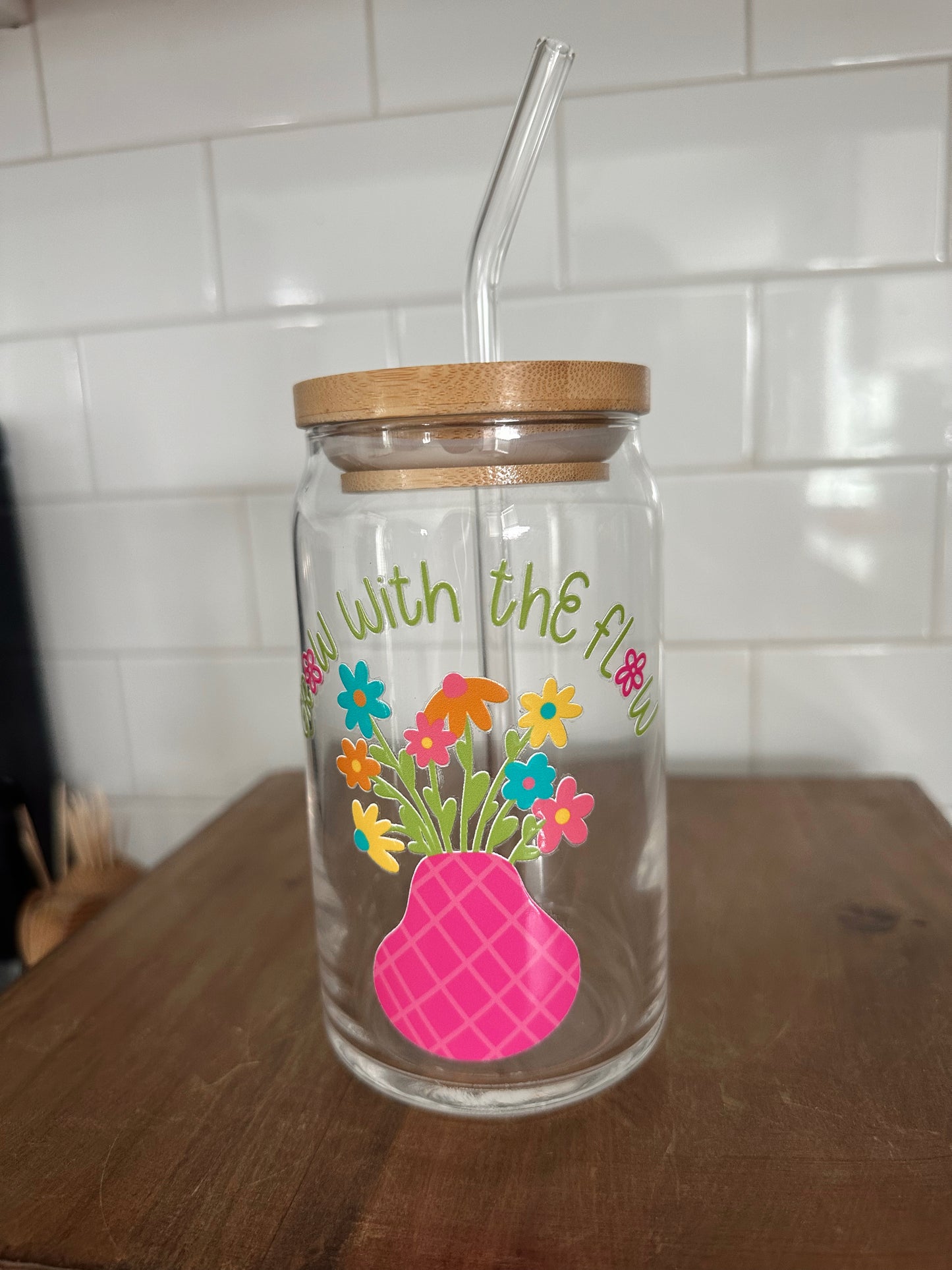 Grow With The Flow Glass Cup w/ lid & straw