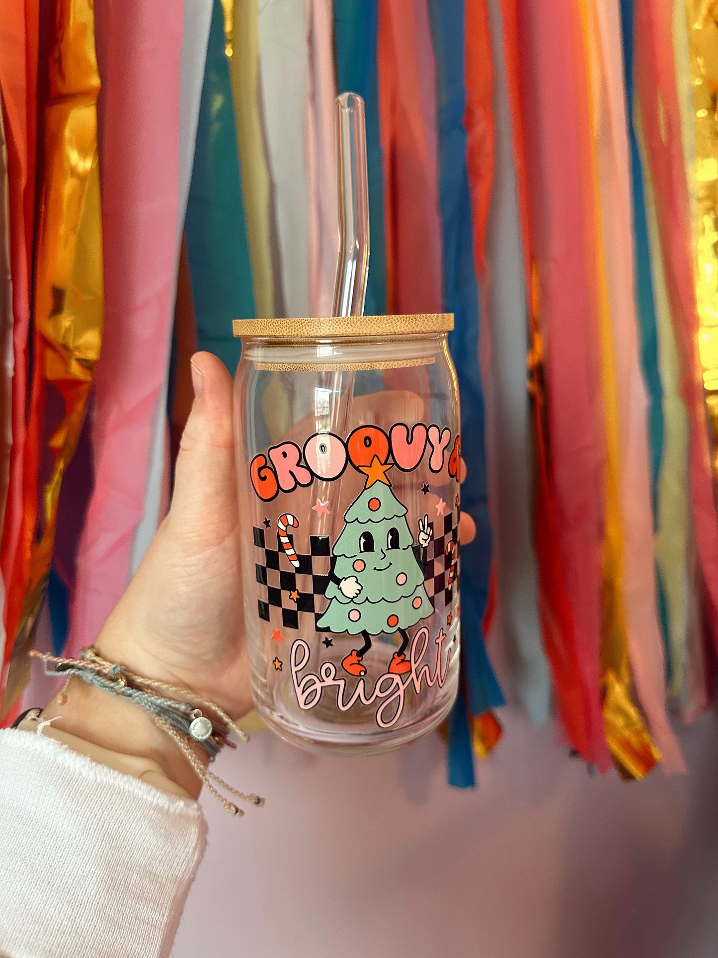 Groovy & Bright Glass Cup w/ lid & straw