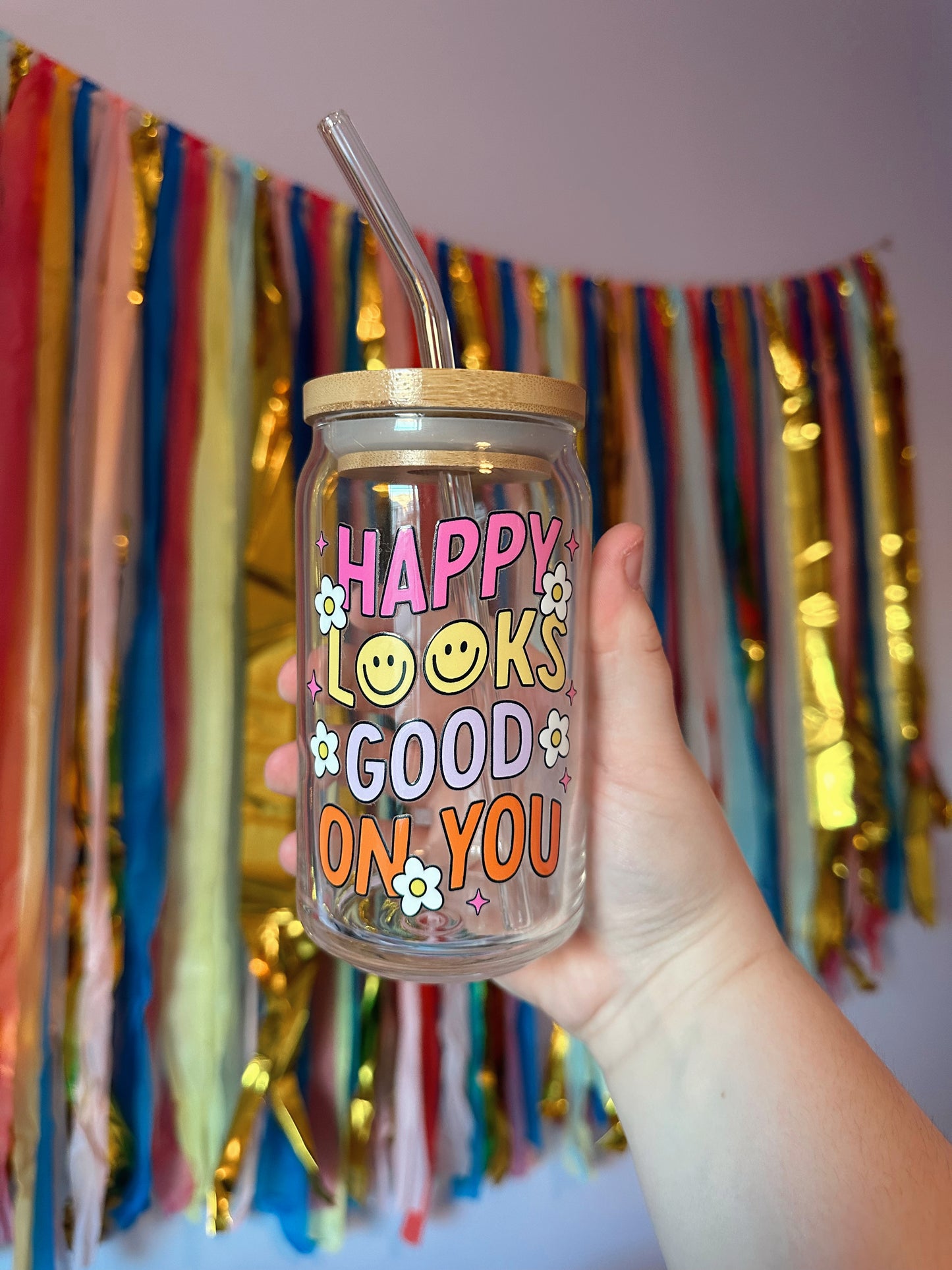 Happy Looks Good On You Glass Cup - W/ Lid and Straw