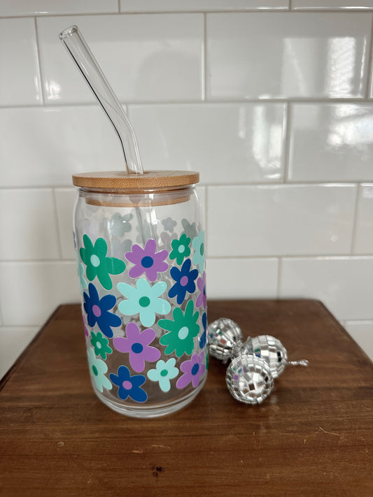 Cool Tone Florals Glass Cup w/ lid & straw