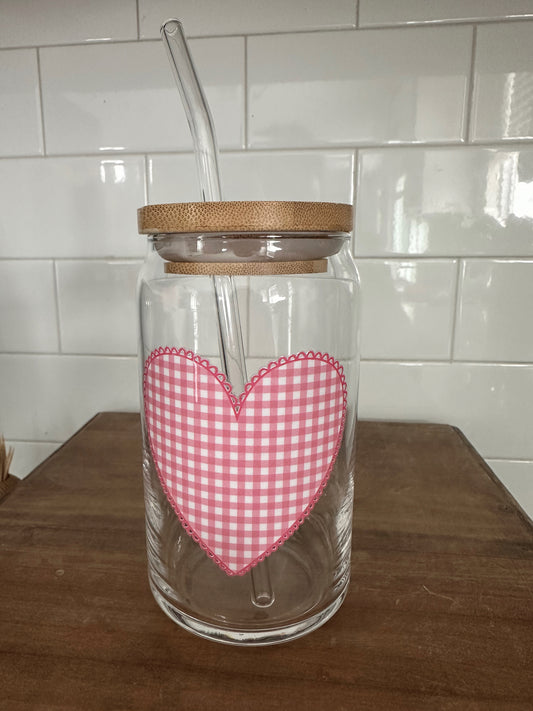Gingham Heart Glass Cup w/ lid & straw