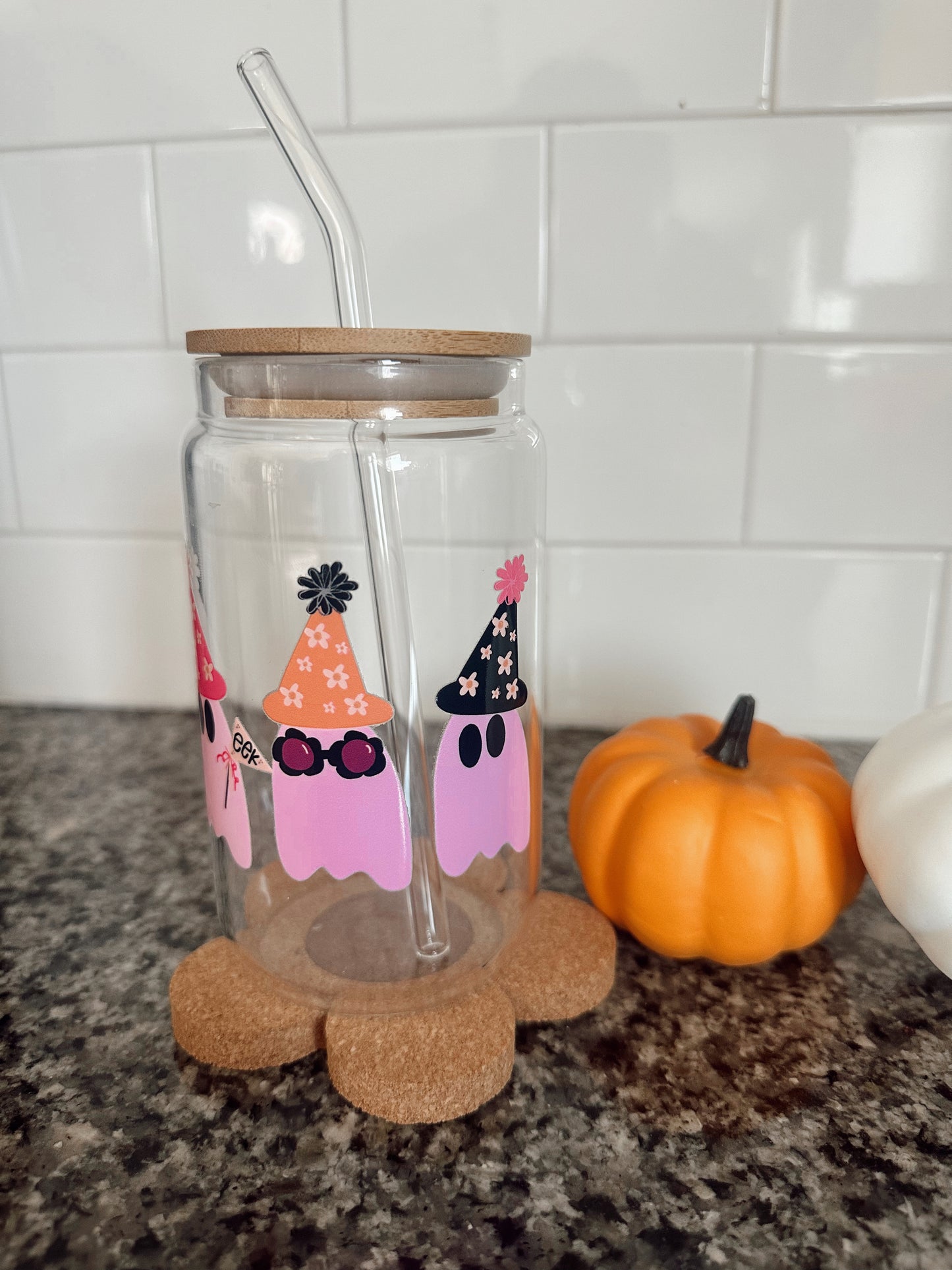 Ghostie Trio Glass Cup w/ lid & straw