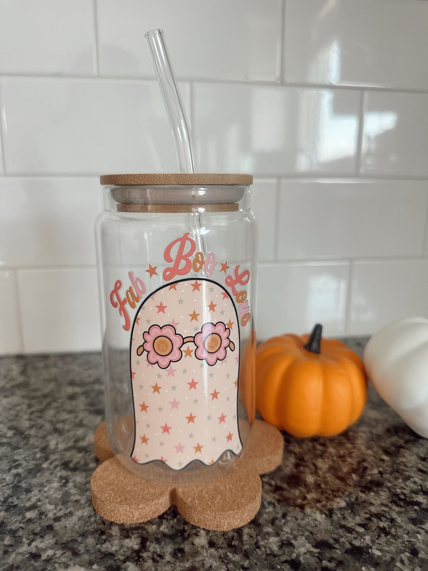 Fab-Boo-Lous Glass Cup w/ lid & straw