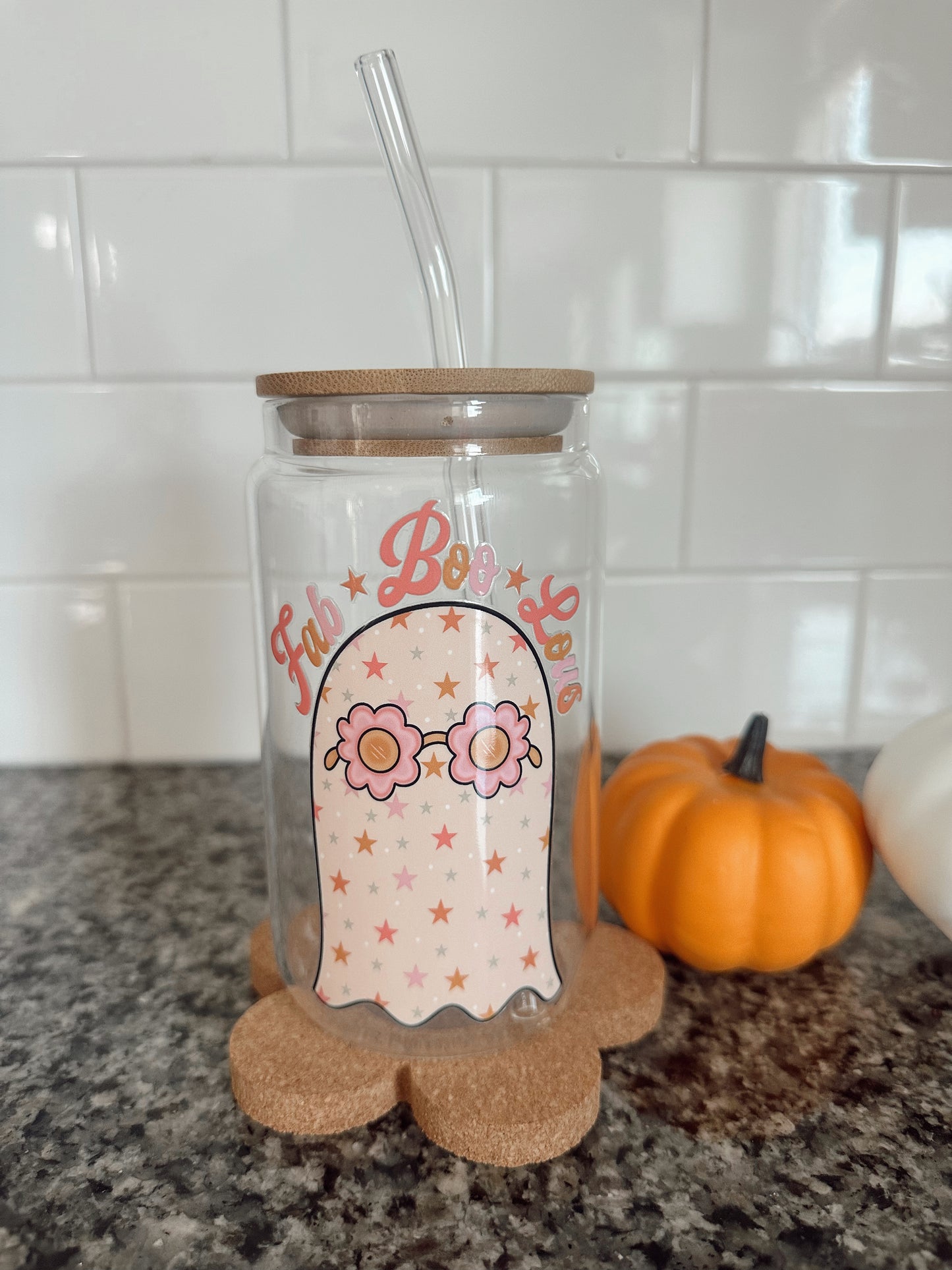 Fab-Boo-Lous Glass Cup w/ lid & straw