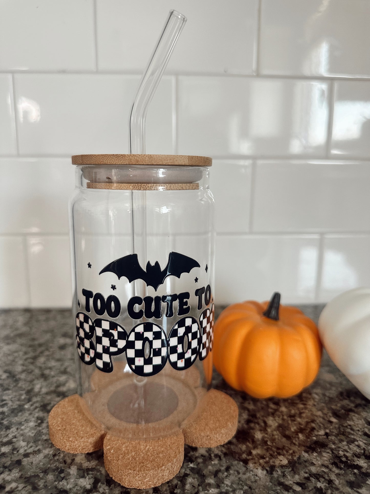 Too Cute To Spook Glass Cup w/ lid & straw